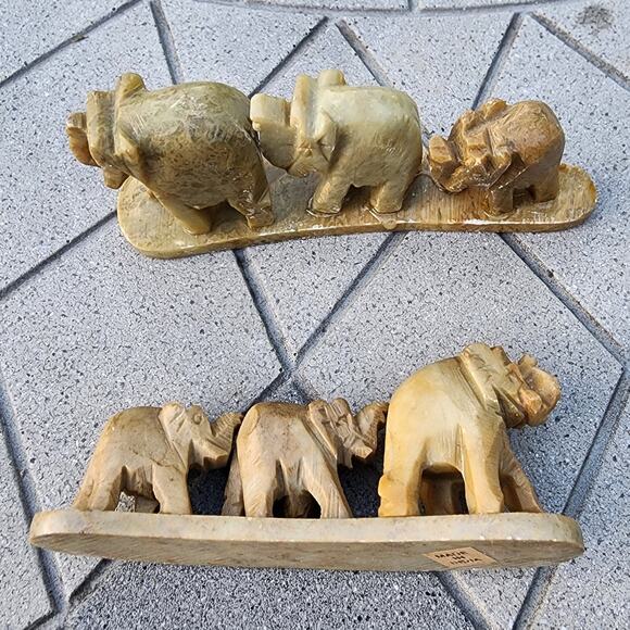 Two Soapstone Hand Carved Triple Elephant Bridge Sculptures - Picture 3 of 8